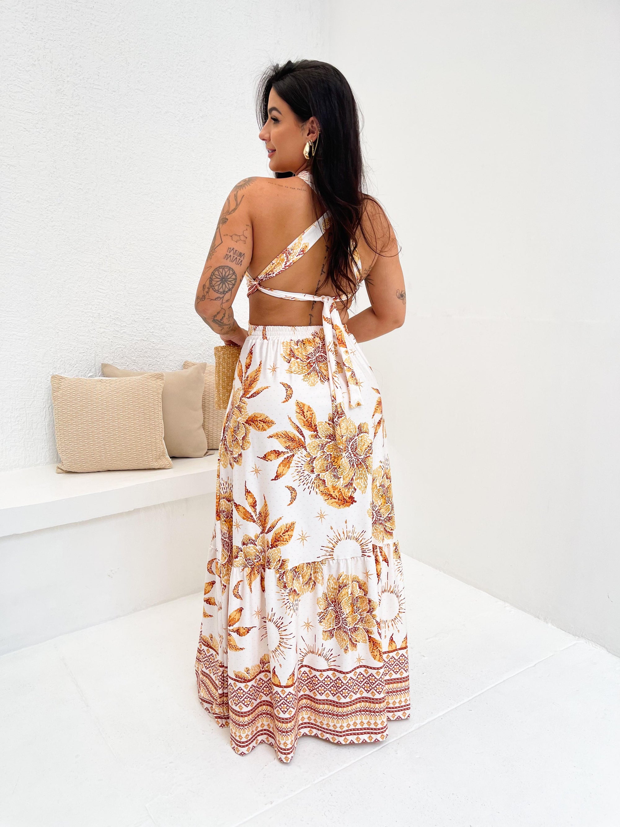 Vestido Longo Gabriela Jardim Dourado